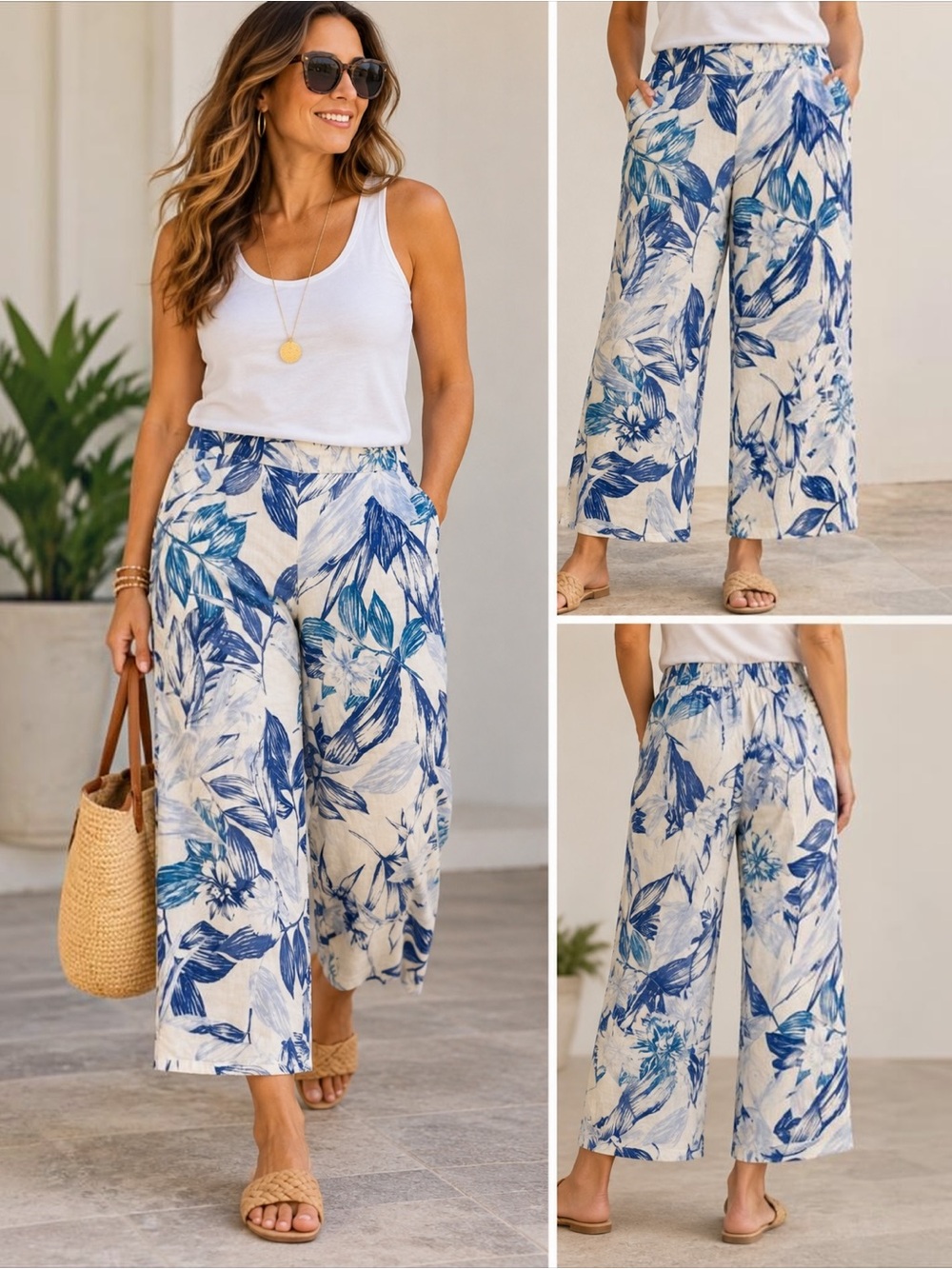 C&C California XL 100% Linen Blue Floral Wide Leg Crop Pants Coastal